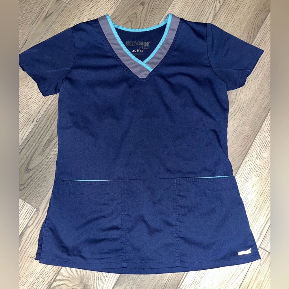 Grey's Anatomy Active Navy Scrub Top with Aqua and Gray Trim